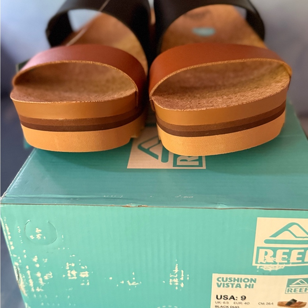 Reef Cushion Vista Hi Duo Brown & Black Platform Slide Sandals Women’s 9 NIB